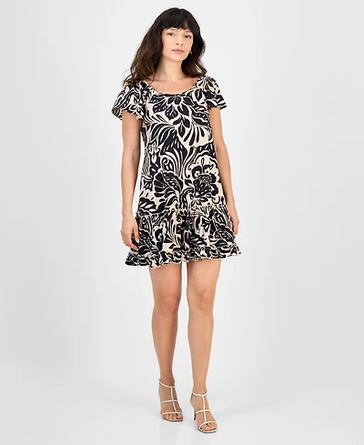 Robbie Bee Petite Printed Flutter-Sleeve Shift Dress