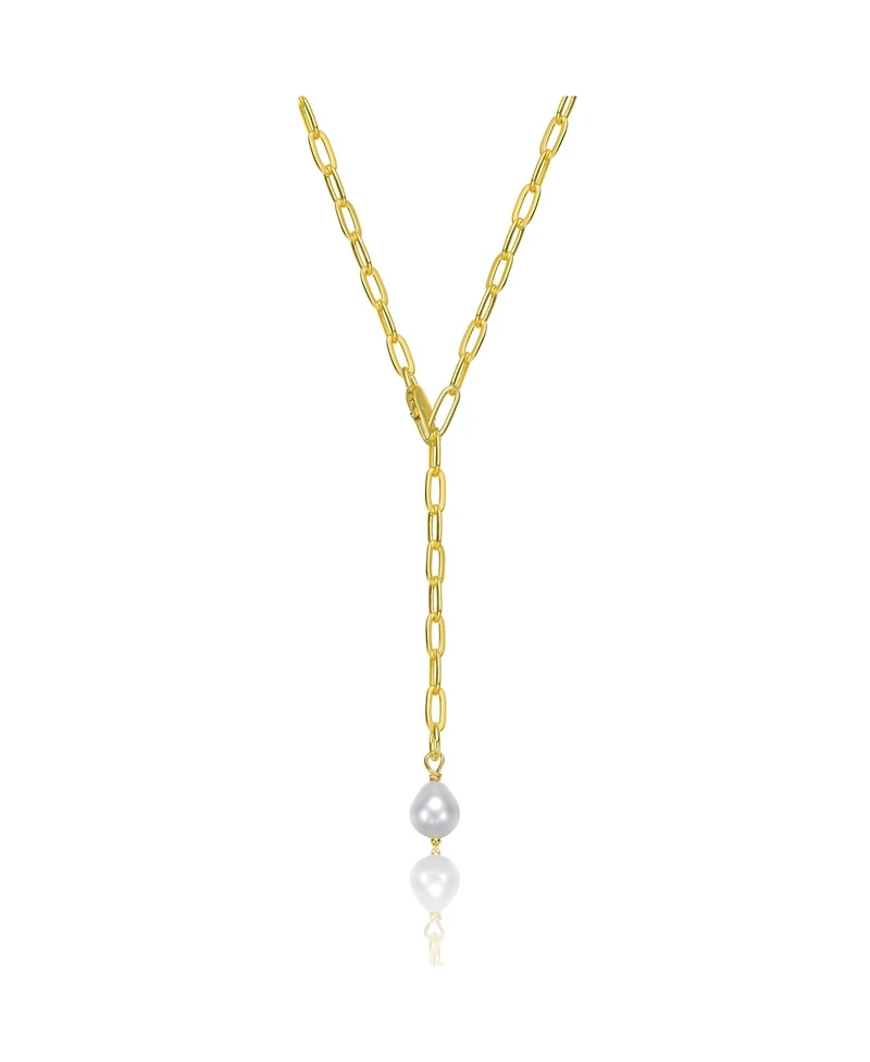 Sterling Silver 14K Gold Plated with White Freshwater Pearl Y-Style Necklace