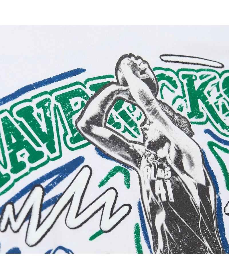 Mitchell & Ness Men's Dirk Nowitzki White Dallas Mavericks Hardwood Classics Chalked Up T-Shirt