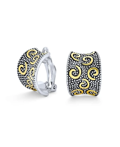 Bling Jewelry Bali Style Swirl Two Tone Wide Concave Half Hoop Clip On Earrings Non Pierced Ears Black Sliver Gold Plated Brass