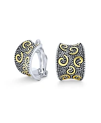 Bling Jewelry Bali Style Swirl Two Tone Wide Concave Half Hoop Clip On Earrings Non Pierced Ears Black Sliver Gold Plated Brass