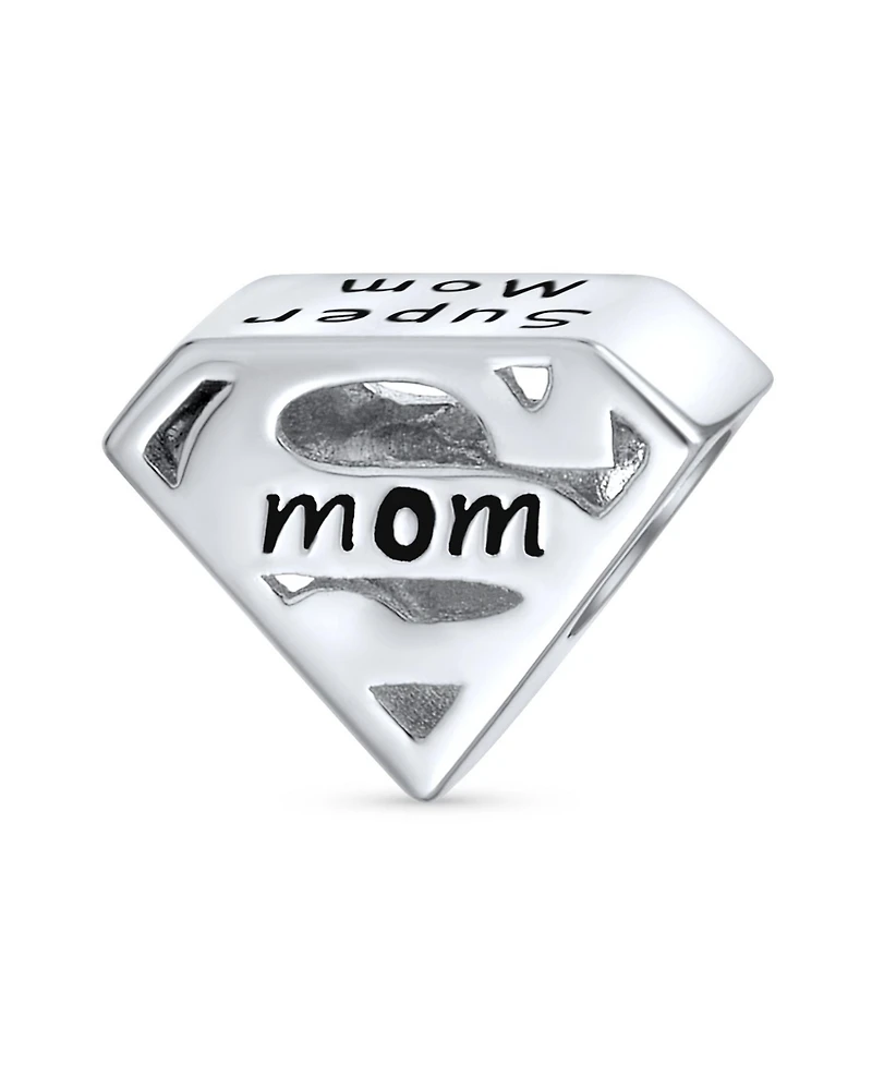 Bling Jewelry Mothers Day -Shape Saying Word Super Mom Charm Bead Oxidized .925 Sterling Silver