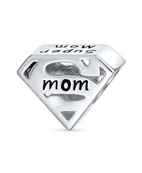 Bling Jewelry Mothers Day -Shape Saying Word Super Mom Charm Bead Oxidized .925 Sterling Silver