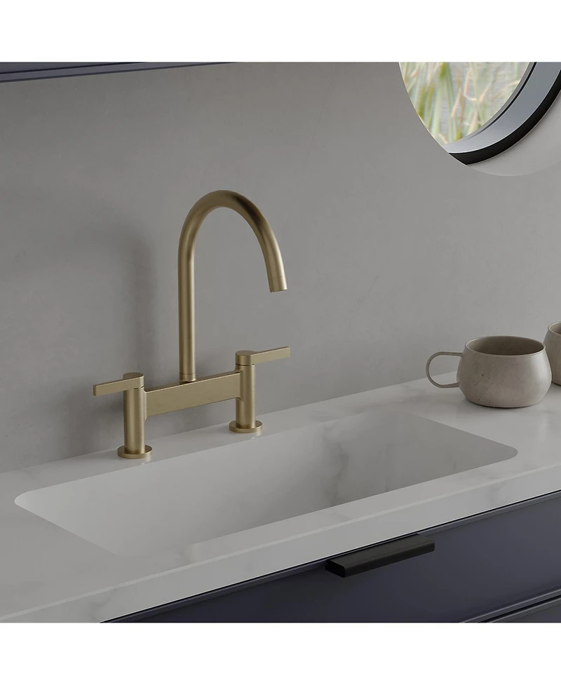 Modern Double Handle 2 Holes Deck Mount Bridge Kitchen Faucet With 360 Swivel Spout Sink Brushed Nickel