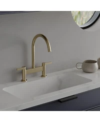 Modern Double Handle 2 Holes Deck Mount Bridge Kitchen Faucet With 360 Swivel Spout Sink Brushed Nickel