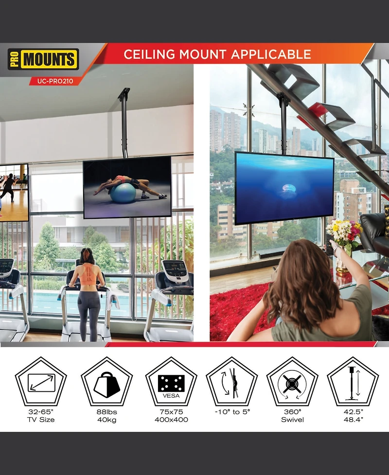 ProMounts Premium Ceiling Tv Mount Fits Most 24-55 inch, Holds 110 lbs