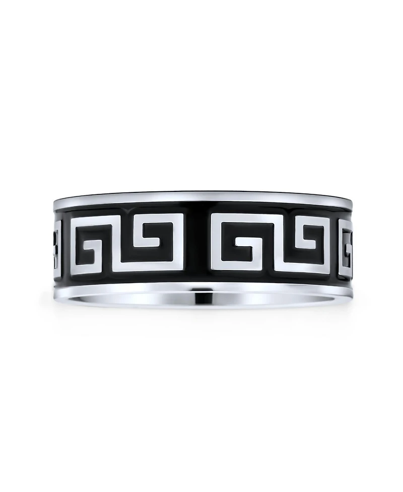 Bling Jewelry Geometric Ancient Fret Greek Key Pattern Flat Eternity Band Ring Black Silver Two Tone Stainless Steel 8MM