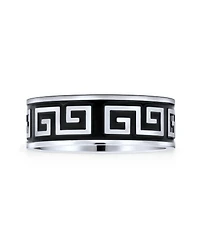 Bling Jewelry Geometric Ancient Fret Greek Key Pattern Flat Eternity Band Ring Black Silver Two Tone Stainless Steel 8MM
