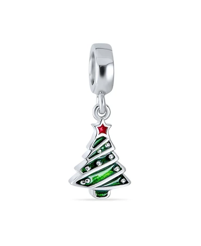 Bling Jewelry Holiday Red Star Green Decorated Christmas Tree Dangle Charm Bead Enamel .925 Sterling Silver