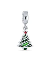Bling Jewelry Holiday Red Star Green Decorated Christmas Tree Dangle Charm Bead Enamel .925 Sterling Silver