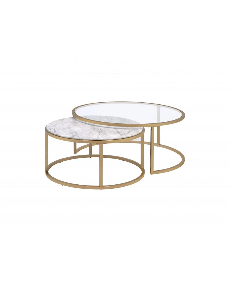 Set of Two 36" Clear White And Gold Glass Faux Marble And Iron Round Nested Coffee Tables