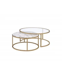 Set of Two 36" Clear White And Gold Glass Faux Marble And Iron Round Nested Coffee Tables