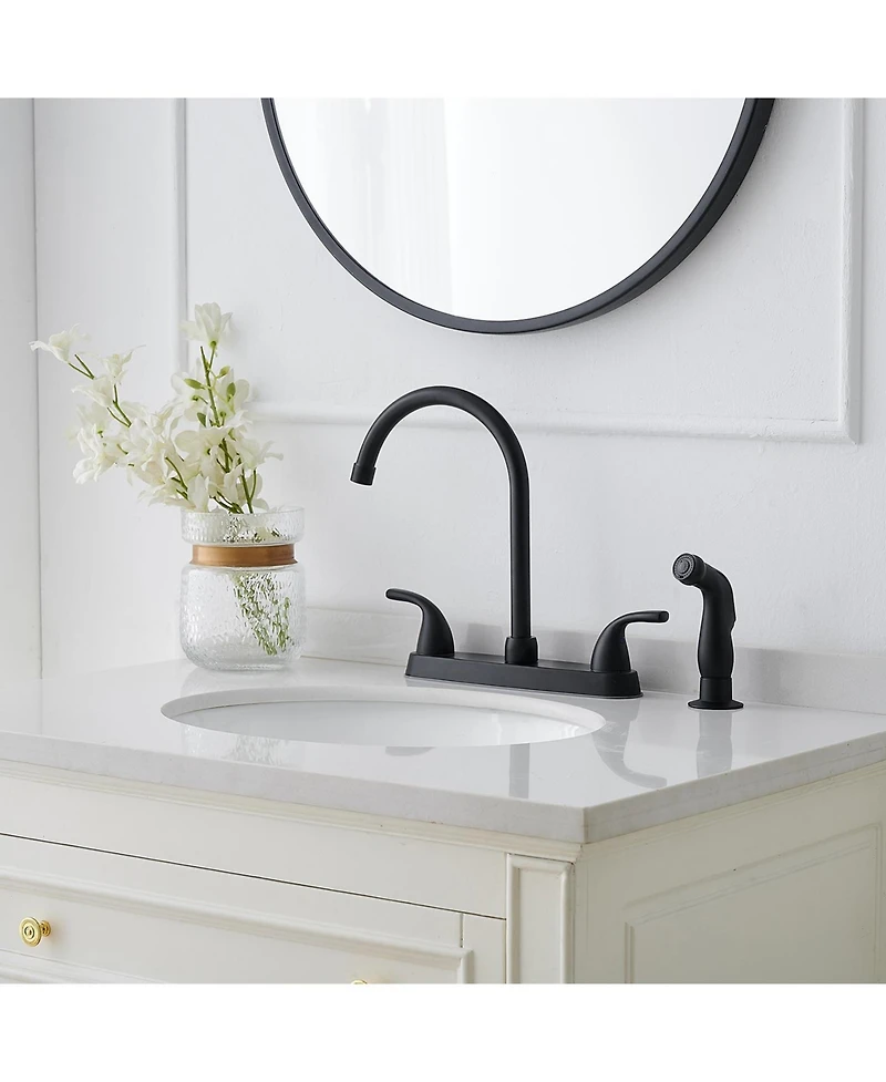 Two-Handle 4 Holes Standard Kitchen Sink Faucet With Side Sprayer In Brushed Nickel