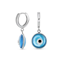 Bling Jewelry Spiritual Protection Round Blue Nazar Evil Eye Drop Huggie Mini Hoop Earrings Endless Murano Glass Yellow Gold Plated .925 Sterling Silv