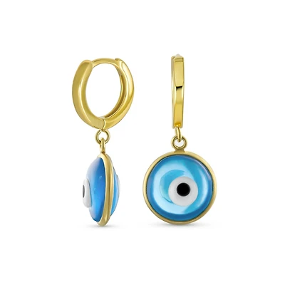 Bling Jewelry Spiritual Protection Round Blue Nazar Evil Eye Drop Huggie Mini Hoop Earrings Endless Murano Glass Yellow Gold Plated .925 Sterling Silv