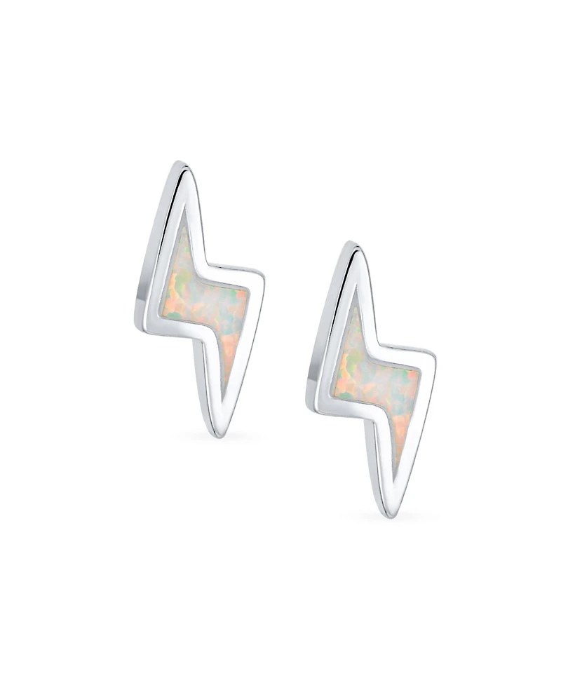 Bling Jewelry Geometric White Created Opal Inlay Zig Zag Flash Electrify Lightning Bolt Stud Earrings .925 Sterling Silver