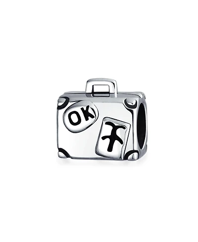 Bling Jewelry Vacation Tourism Travel Suitcase Luggage Charm Bead Oxidized .925 Sterling Silver