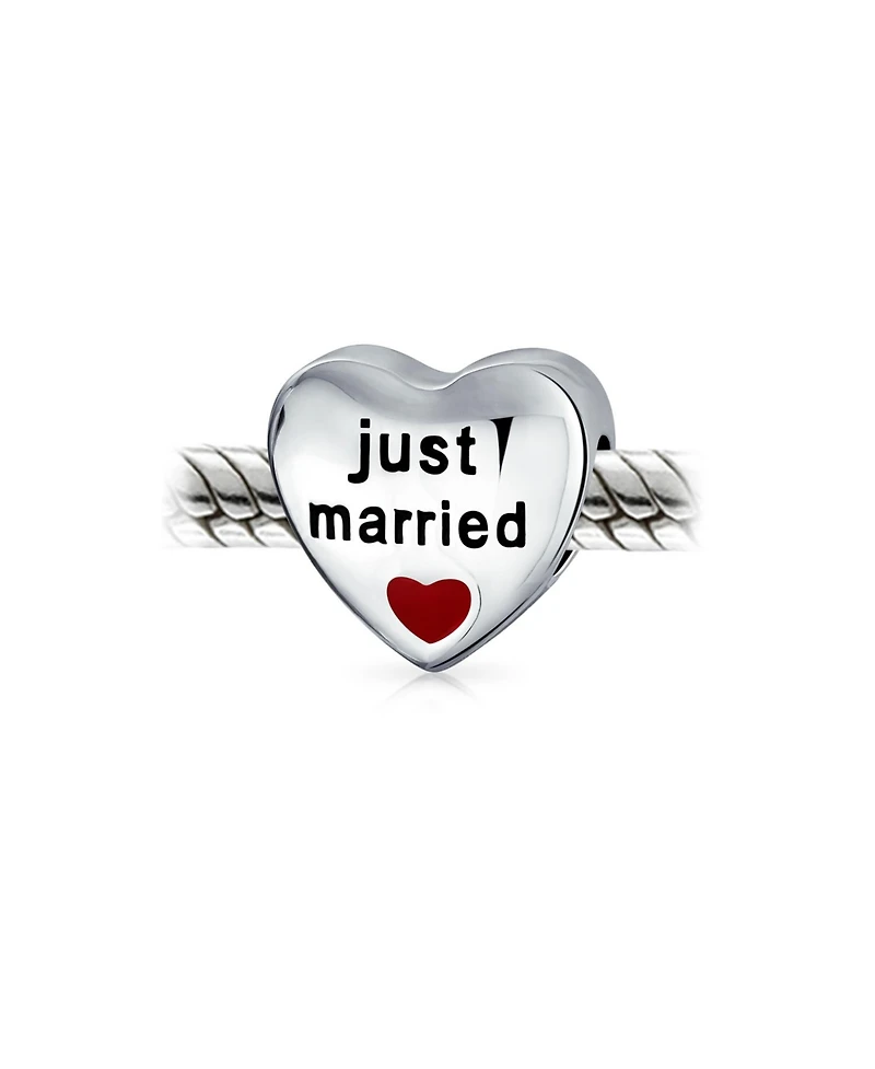 Bling Jewelry Red Heart Shape Two Sided Words Just Married Charm Bead .925 Sterling Silver
