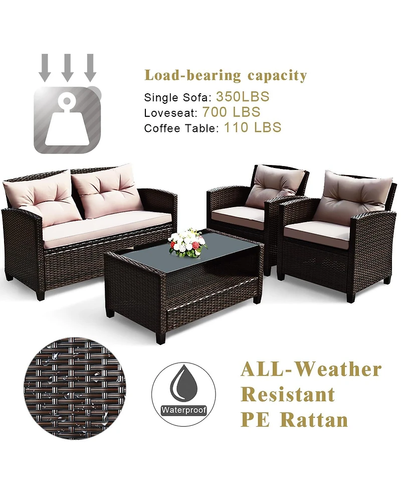 Gymax 4PCS Outdoor Rattan Furniture Set Cushioned Patio Sofa Set