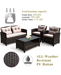 Gymax 4PCS Outdoor Rattan Furniture Set Cushioned Patio Sofa Set