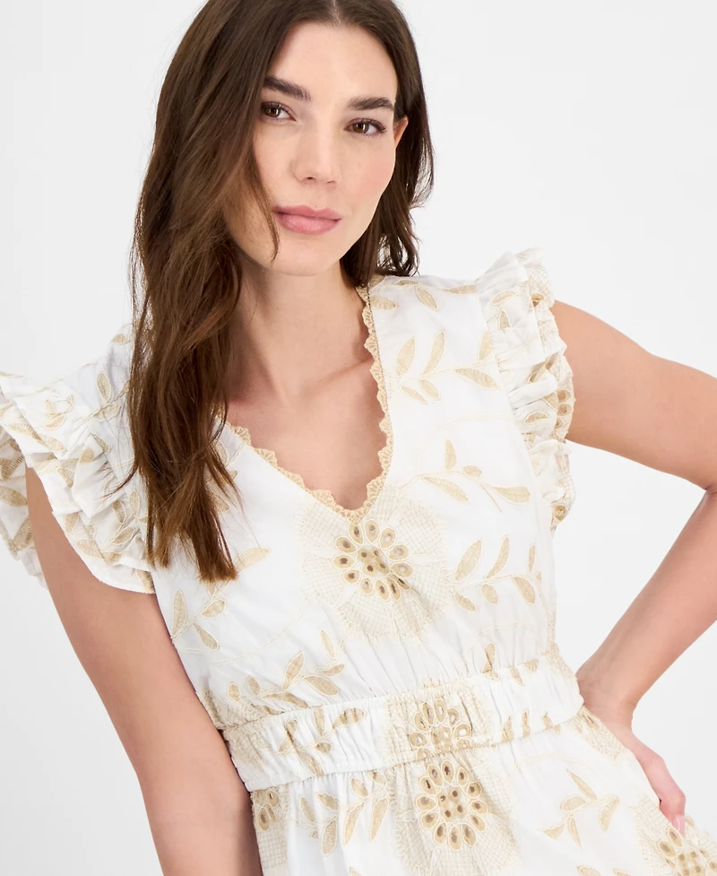 Anne Klein Women's Ruffled Embroidered V-Neck Dress