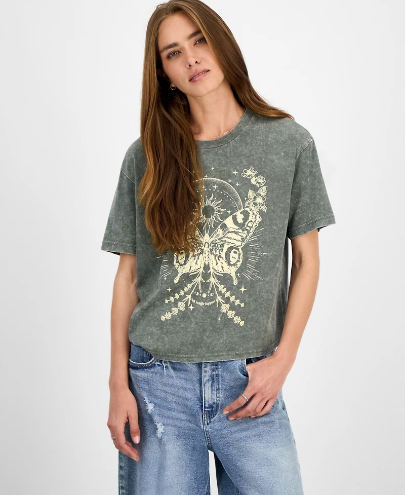 Rebellious One Juniors' Butterfly Mineral Wash Graphic T-Shirt