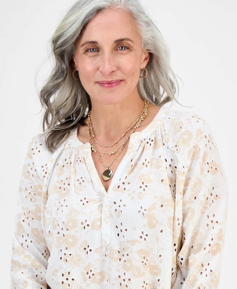 Style & Co Petite Morning Glories Contrast-Stitched Blouse, Exclusively at Macy's