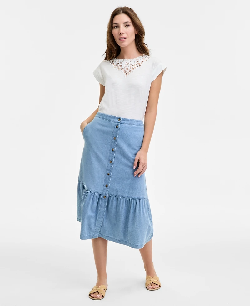 Jones New York Women's Tiered Button-Up Cotton Chambray Skirt