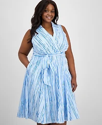 Tahari Asl Plus Cotton Striped Faux-Wrap Shirtdress