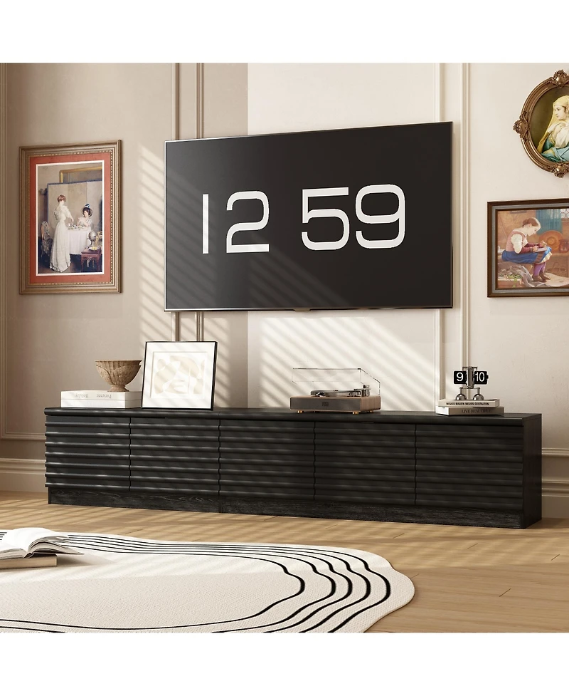 Tv stand with two doors and three drawers, multi-purpose media console, black wood entertainment center