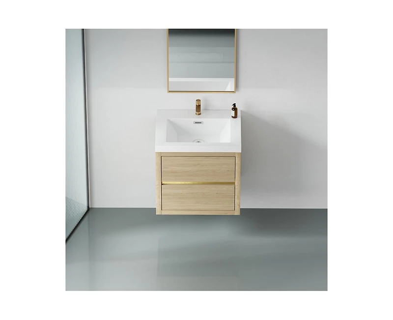 Casainc 24" Wall-Mounted Bathroom Vanity with Sink, Floating Storage Cabinet Stone Resin Countertop and Soft Close Drawers, Natural Oak
