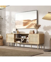 Tv stand with rattan door panels, media console with two doors and two compartments, entertainment center with legs