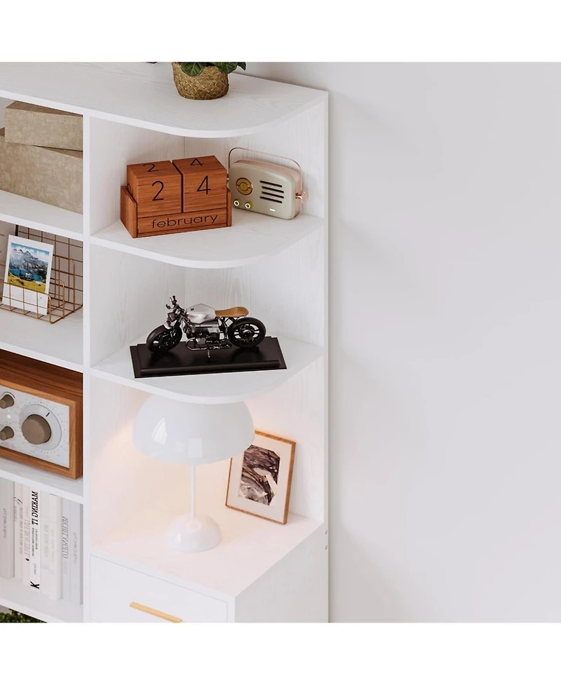 Corner Bookshelf and Bookcase with 2 Drawers and 10 Open Shelves
