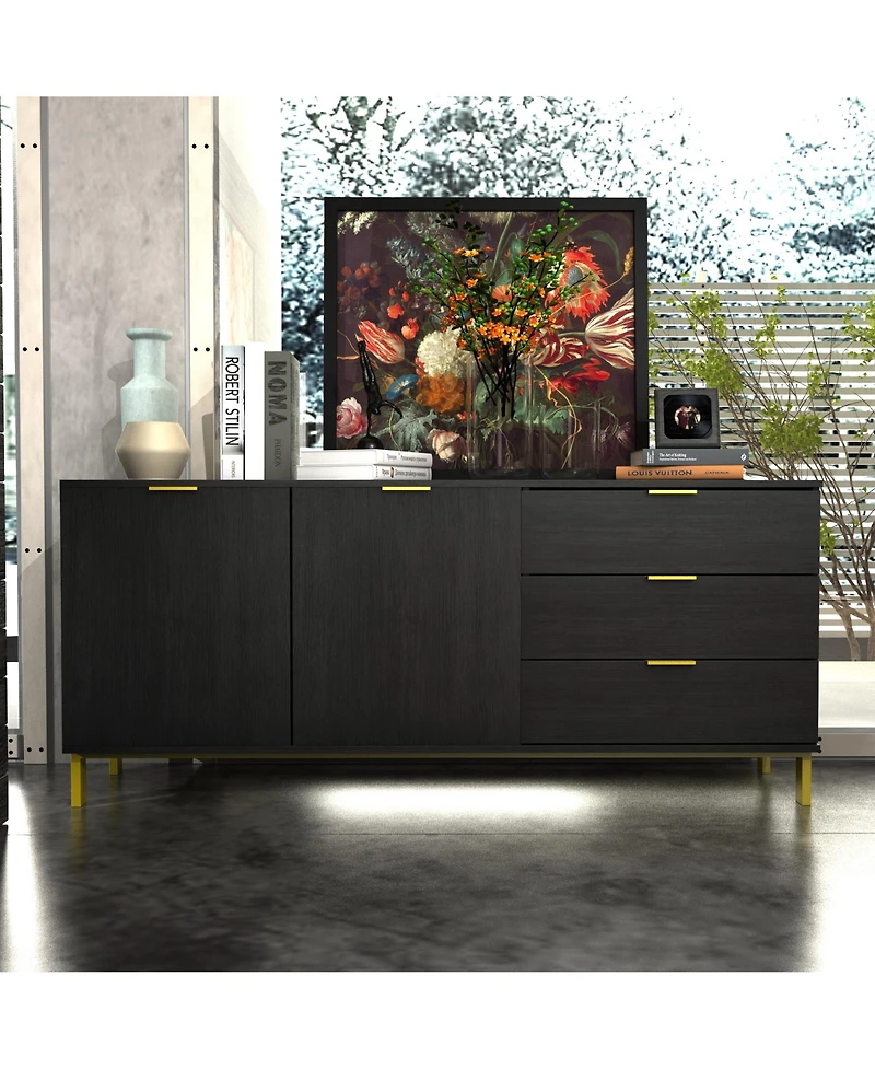 Tv stand with three drawers and two cabinet doors, media console with metal feet, wooden entertainment center