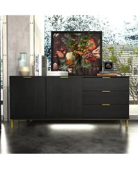 Tv stand with three drawers and two cabinet doors, media console with metal feet, wooden entertainment center