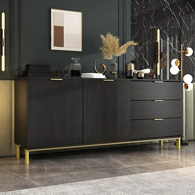 Tv stand with three drawers and two cabinet doors, media console with metal feet, wooden entertainment center