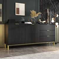 Tv stand with three drawers and two cabinet doors, media console with metal feet, wooden entertainment center