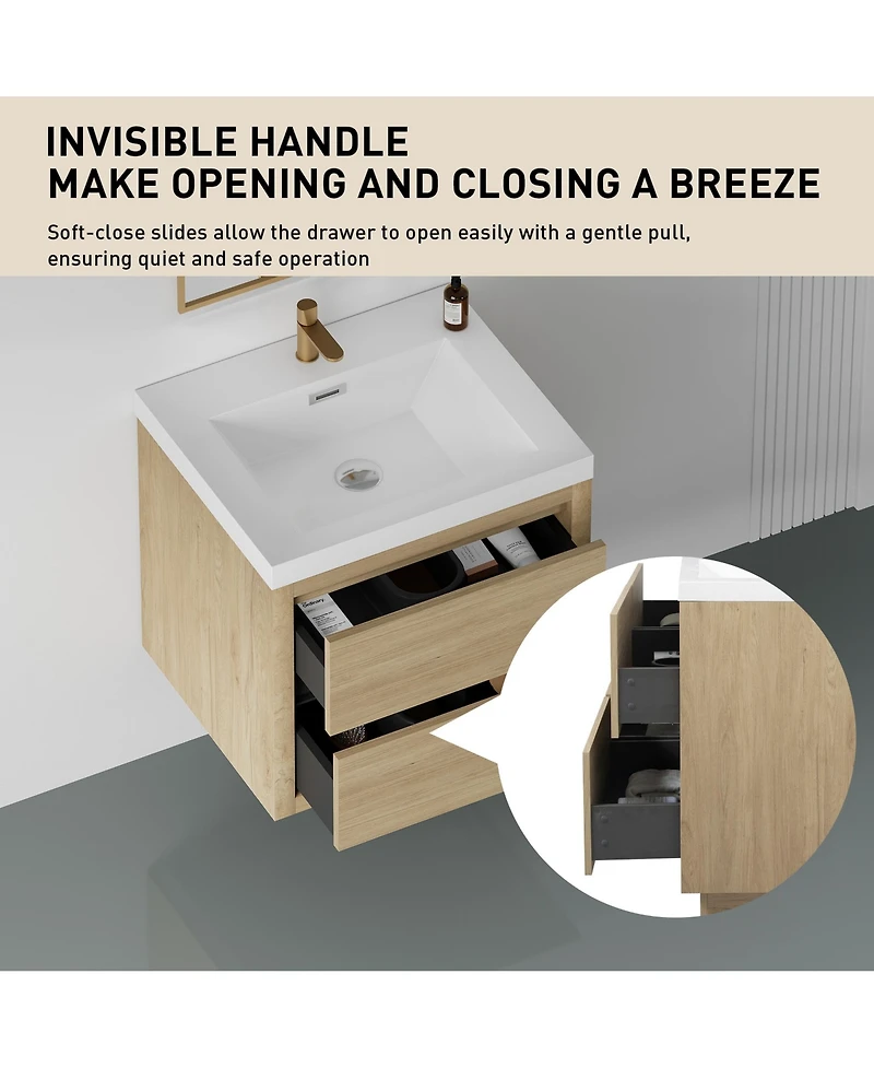Casainc 24" Wall-Mounted Bathroom Vanity with Sink, Floating Storage Cabinet Stone Resin Countertop and Soft Close Drawers, Natural Oak