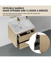 Casainc 24" Wall-Mounted Bathroom Vanity with Sink, Floating Storage Cabinet Stone Resin Countertop and Soft Close Drawers, Natural Oak
