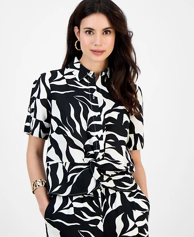 I.n.c. International Concepts Petite Printed Linen-Blend Twist-Front Top, Exclusively at Macy's
