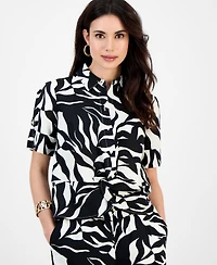 I.n.c. International Concepts Petite Printed Linen-Blend Twist-Front Top, Exclusively at Macy's