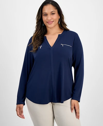 Jm Collection Plus Solid V-Neck Long-Sleeve Top, Macy's Exclusive