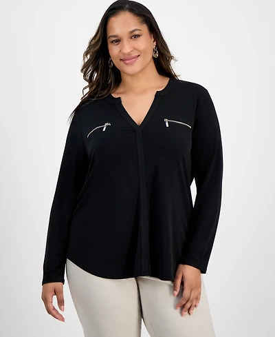 Jm Collection Plus Solid V-Neck Long-Sleeve Top, Macy's Exclusive