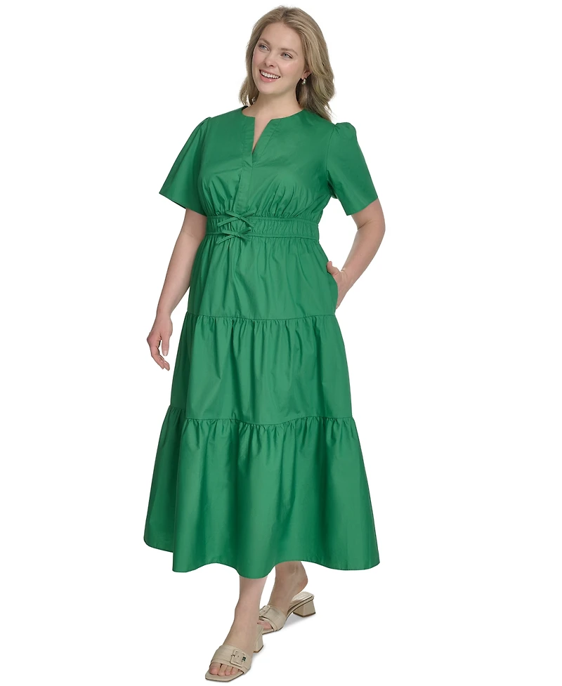Jessica Howard Plus Size Cotton Tiered Split-Neck Maxi Dress