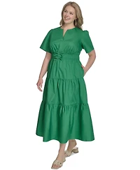 Jessica Howard Plus Size Cotton Tiered Split-Neck Maxi Dress