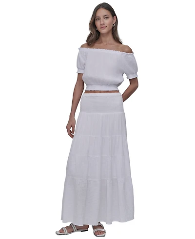Dkny Jeans Petite Cotton Smocked-Waist Tiered Maxi Skirt