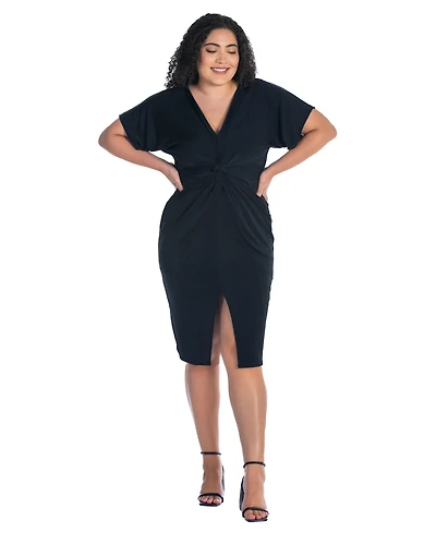 24seven Comfort Apparel Plus Short Sleeve V-Neck Twist Front Split Hem Dress