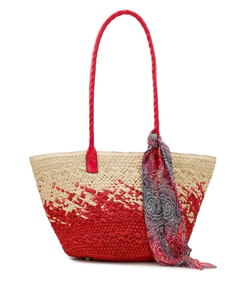 Patricia Nash Calypso Medium Woven Straw Tote with Greek Floral Scarf