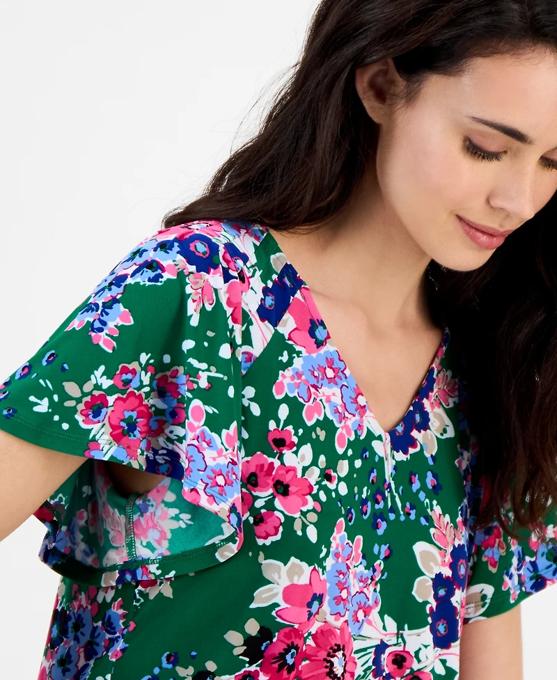 Ak Anne Klein Petite Printed V-Neck Flutter-Sleeve Top