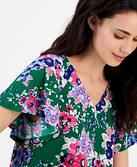 Ak Anne Klein Petite Printed V-Neck Flutter-Sleeve Top